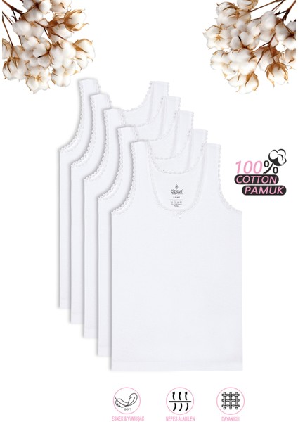 Özkan 1605 5'li Paket Kız Çocuk %100 Pamuklu Ribana Yakası Dantel Detaylı Esnek Rahat Kalın Askılı Atlet