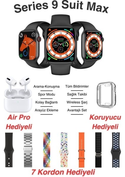 Hx Series 9 Suit Max Akıllı Saat | Bluetooth Kulaklık, 7 Kordon Hediyeli Koruyucu Hediyeli fiyatları