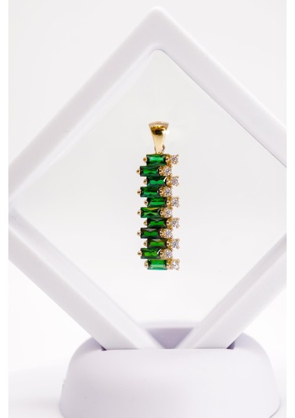 Dikdörtgen Yeşil Zirkon ve Şeffaf Taşlı 14 Ayar Altın Fantasy Kolye Ucu