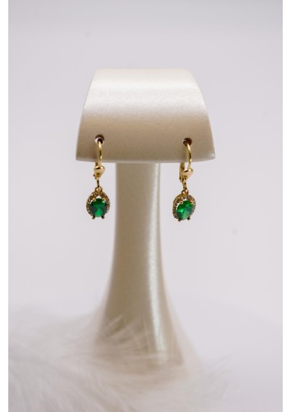 Yeşil Zirkon Taşlı 14 Ayar Altın Küpe | Oval Formlu Işıltılı Kanca Model