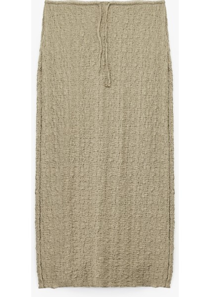 Beli Bağcıklı Slim Fit Bürümcük Kumaş Dokulu Midi Kalem Etek modelleri