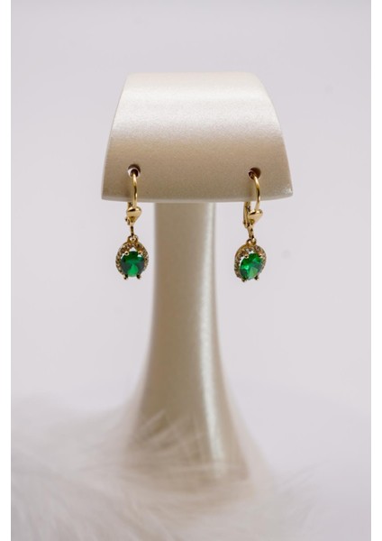 Yeşil Zirkon Taşlı 14 Ayar Altın Küpe | Oval Formlu Işıltılı Kanca Model fiyatları