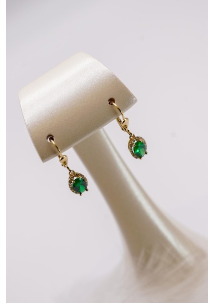 Yeşil Zirkon Taşlı 14 Ayar Altın Küpe | Oval Formlu Işıltılı Kanca Model modelleri