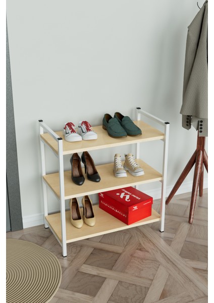 3 Raflı Ayakkabılık Antre Hol Ayakkabı Standı Beyaz Metal