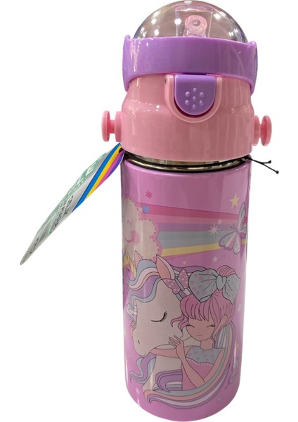 Mikro Muggle Kız Çocuk Matara 550 ml Unicorn Çelik Suluk Okul Matarası Öğrenci Suluğu Pembe