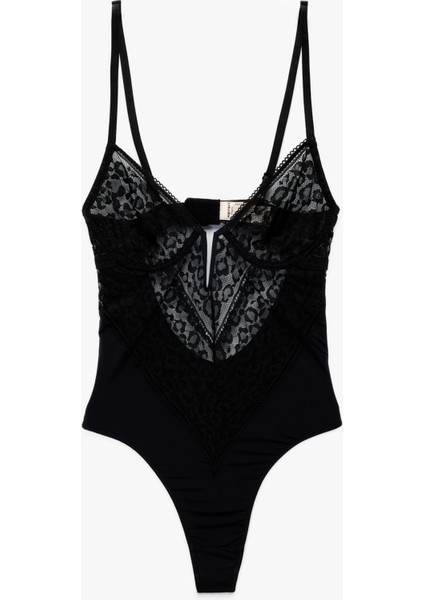 V Yaka Ince Askılı Transparan Dantelli Bodysuit
