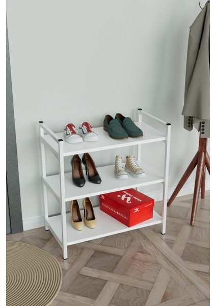 3 Raflı Ayakkabılık Antre Hol Ayakkabı Standı Beyaz Metal