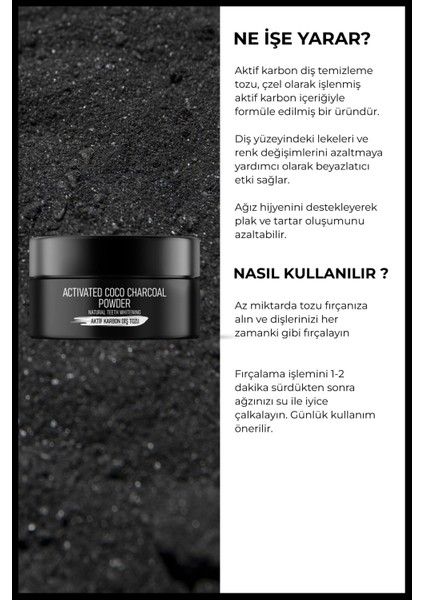 Diş Temizleme Tozu 40 gr Doğal Beyazlatıcı Etkili Aktif Kömür Aromalı Yerli Üretim