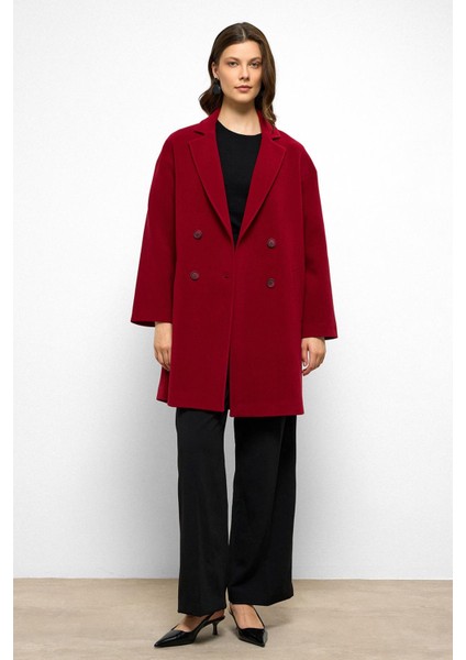 Desenli Astarlı Oversize Kruvaze kaban Kırmızı 3095