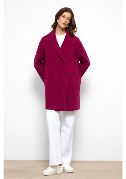 Desenli Astarlı Oversize Kruvaze kaban Fuşya 3095