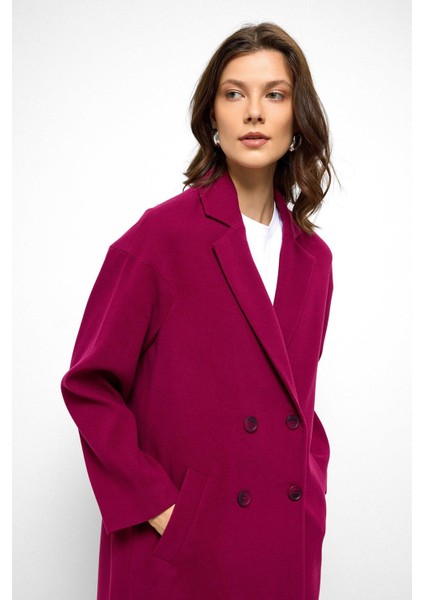 Desenli Astarlı Oversize Kruvaze kaban Fuşya 3095 fiyatları