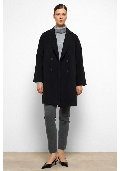 Desenli Astarlı Oversize Kruvaze kaban Siyah 3095