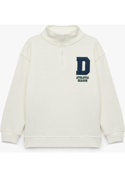 Pamuklu Dik Yaka Uzun Kollu Nakışlı Yarım Fermuarlı Sweatshirt