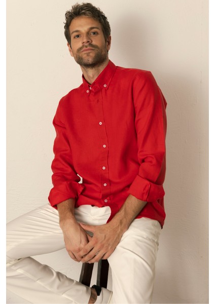 Erkek %100 Keten Kırmızı Düğmeli Yaka Modern Fit Cepsiz Gömlek fiyatları