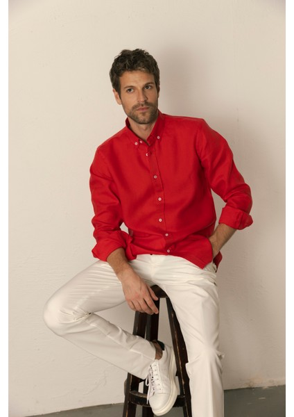 Erkek %100 Keten Kırmızı Düğmeli Yaka Modern Fit Cepsiz Gömlek modelleri