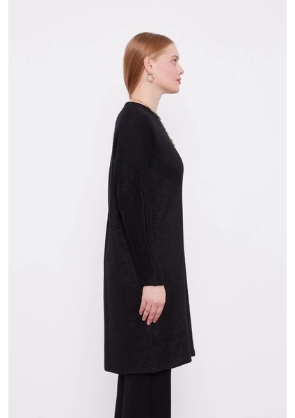 Simli Kumaş Amblem Detaylı Triko Tunik - Siyah