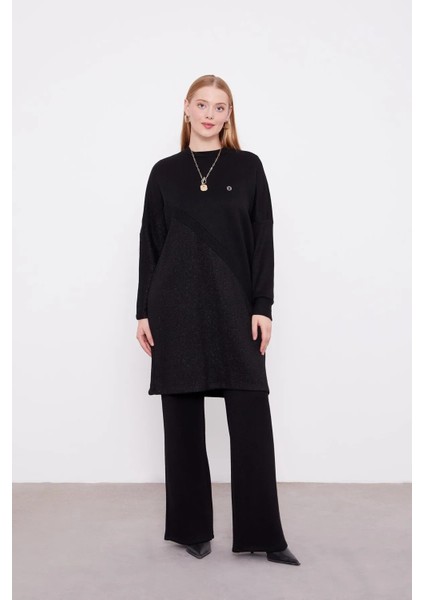 Simli Kumaş Amblem Detaylı Triko Tunik - Siyah fiyatları