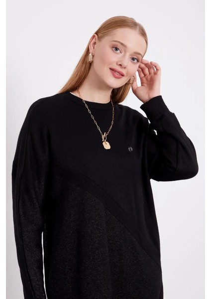 Simli Kumaş Amblem Detaylı Triko Tunik - Siyah