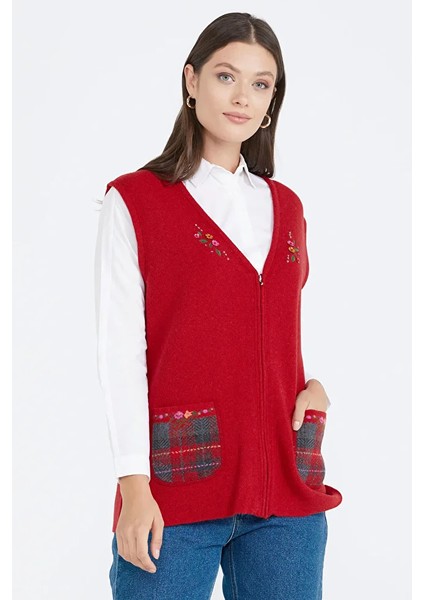 Cepli Fermuarlı Triko Yelek - Kırmızı