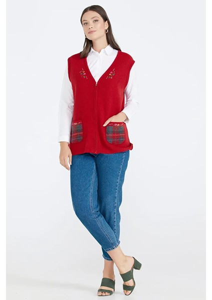 Cepli Fermuarlı Triko Yelek - Kırmızı fiyatları