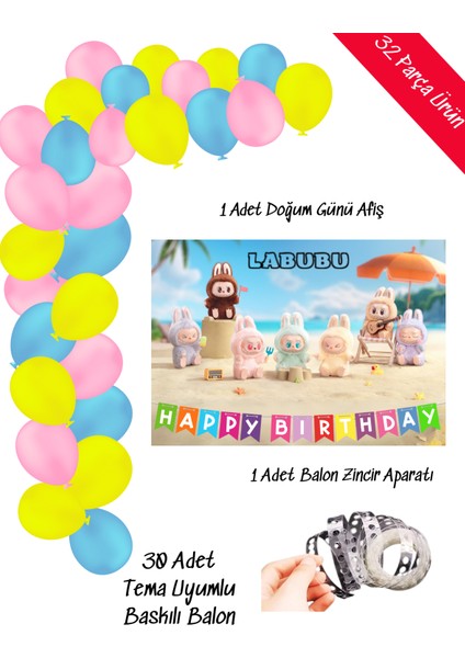 Labubu Balon ve Afişli Doğum Günü Parti Süsleri Zincir Balon Seti
