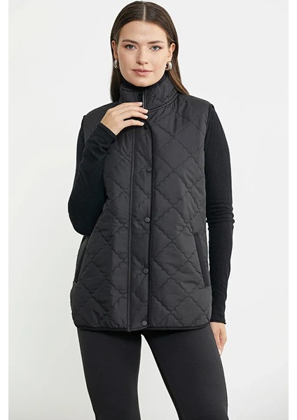 Dik Yaka Cepli Kapitone Yelek - Siyah modelleri