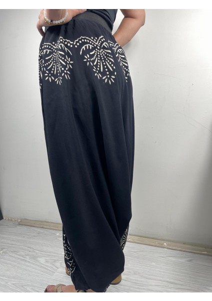 Siyah El Baskılı Etnik Desenli Şalvar Pantolon – Rahat Salaş Kesim, Lastikli Bel fiyatları