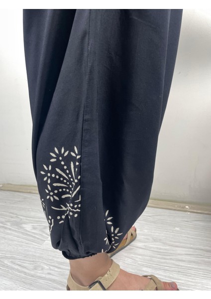 Siyah El Baskılı Etnik Desenli Şalvar Pantolon – Rahat Salaş Kesim, Lastikli Bel modelleri