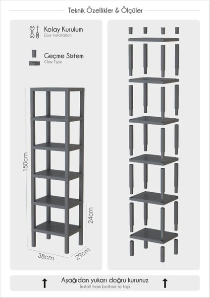 Ombeg Gri 6 Katlı Düzenleyici Raf Ünitesi Kiler Dolabı Kitaplık Banyo Rafı Mutfak Organizeri