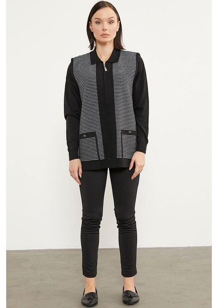 Polo Yaka Fermuarlı Triko Yelek - Siyah