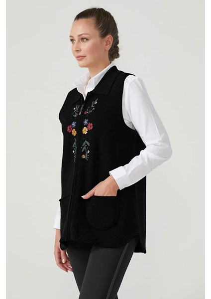Kadın Fermuarlı Triko Yelek - Siyah