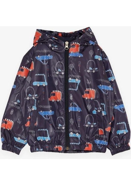 Erkek Çocuk Araba ve Dinazor Desenli Kapüşonlu Pamuk Astarlı Rüzgarlık