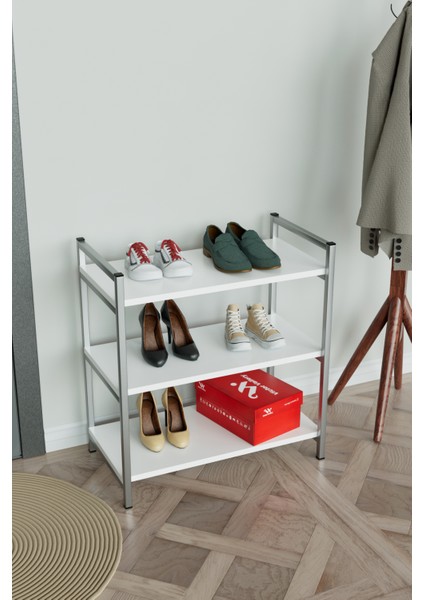 3 Raflı Ayakkabılık Antre Hol Ayakkabı Standı Gümüş Metal