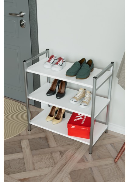 3 Raflı Ayakkabılık Antre Hol Ayakkabı Standı Gümüş Metal modelleri