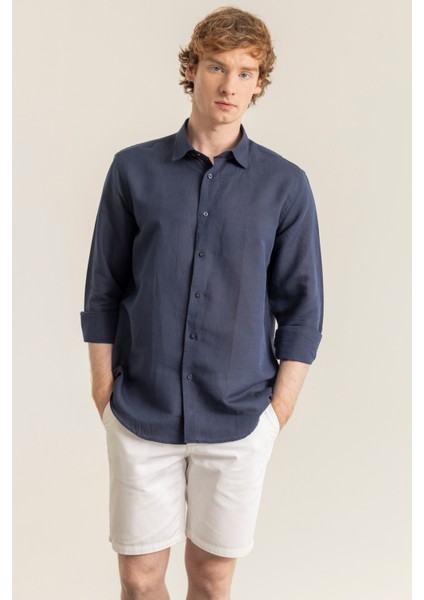 Erkek %100 Keten Lacivert Modern Fit Cepsiz Gömlek fiyatları