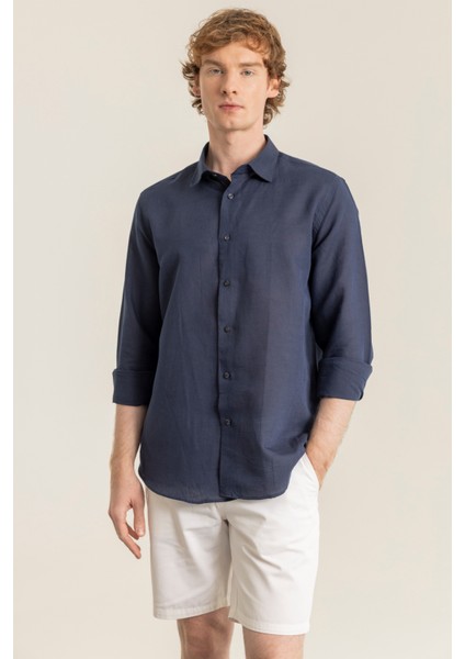 Erkek %100 Keten Lacivert Modern Fit Cepsiz Gömlek modelleri