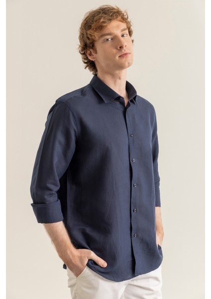 Erkek %100 Keten Lacivert Modern Fit Cepsiz Gömlek fırsatları