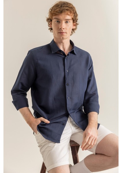 Erkek %100 Keten Lacivert Modern Fit Cepsiz Gömlek indirimleri