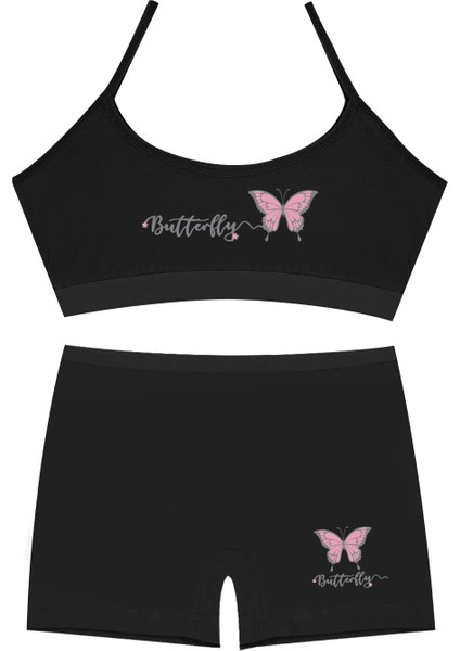 Kız Çocuk Bustiyer Şort Likralı Siyah Kelebek (%96 Pamuk - %4 Elastan)