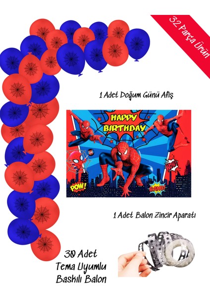 Spiderman Örümcek Adam Balon ve Afişli Doğum Günü Parti Süsleri Zincir Balon Seti