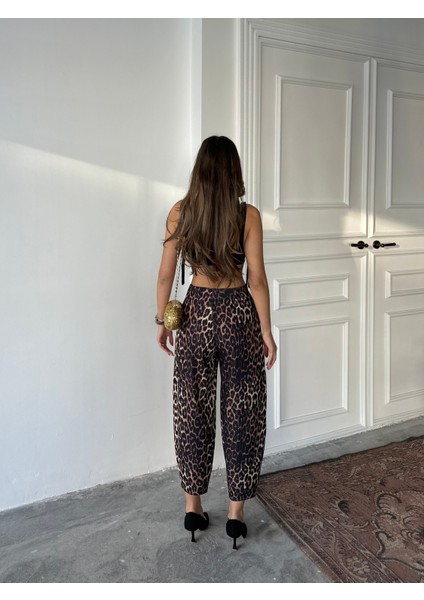 Leopar Desen Scuba Krep Kumaş Şalvar Balon Pantolon modelleri