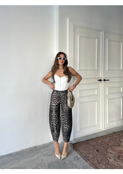 Leopar Desen Scuba Krep Kumaş Şalvar Balon Pantolon