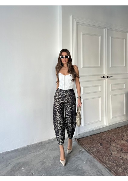 Leopar Desen Scuba Krep Kumaş Şalvar Balon Pantolon fırsatları