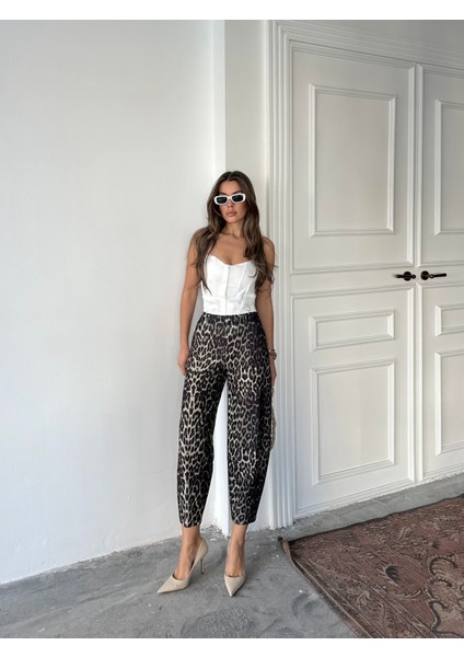 Leopar Desen Scuba Krep Kumaş Şalvar Balon Pantolon indirimleri