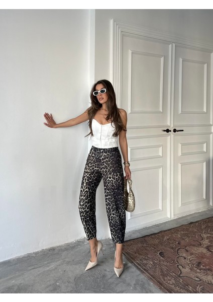 Leopar Desen Scuba Krep Kumaş Şalvar Balon Pantolon