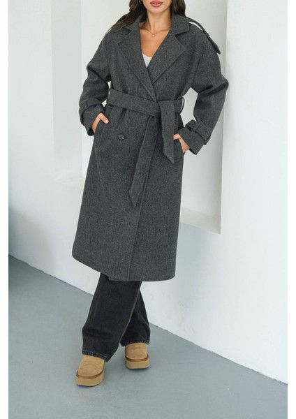 Kadın Omuz Detaylı Antrasit Kaşe Kaban NBMYLK34