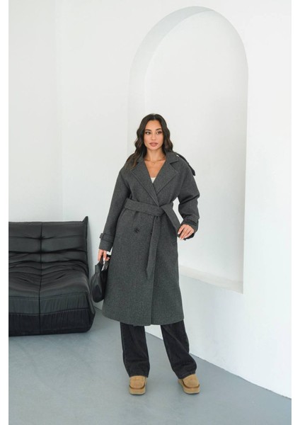 Kadın Omuz Detaylı Antrasit Kaşe Kaban NBMYLK34 fiyatları