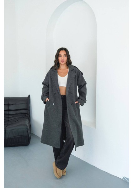 Kadın Omuz Detaylı Antrasit Kaşe Kaban NBMYLK34 modelleri