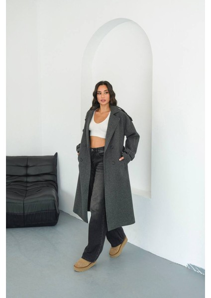 Kadın Omuz Detaylı Antrasit Kaşe Kaban NBMYLK34 indirimleri