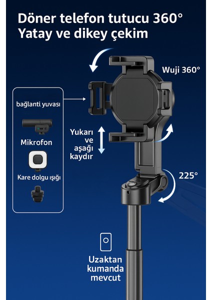 Bluetooth Uzaktan Kumandalı 360° Döner Telefon Tutucu Tripod | 41,5 cm Taşınabilir Selfie Çubuğu, Masa Üstü ve Canlı Yayın Için Uyumlu modelleri